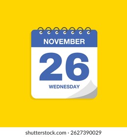 Day calendar with date November 26. Calendar icon vector. Business meeting schedule date sign, event calendar reminder, appointment date symbol, page calendar agenda planner sign, deadline template.