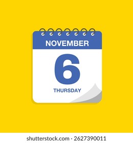 Day calendar with date November 6. Calendar icon vector. Business meeting schedule date sign, event calendar reminder, appointment date symbol, page calendar agenda planner sign, deadline template.