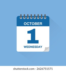 Day calendar with date October 1. Calendar icon vector. Event calendar reminder, business meeting schedule date sign, appointment date symbol, page calendar agenda planner sign, deadline template.