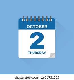 Day calendar with date October 2. Calendar icon vector. Event calendar reminder, business meeting schedule date sign, appointment date symbol, page calendar agenda planner sign, deadline template.