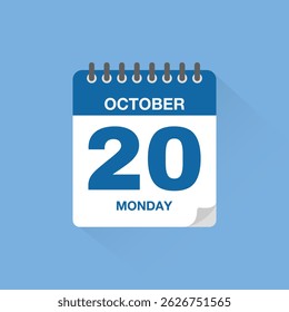 Day calendar with date October 20. Calendar icon vector. Event calendar reminder, business meeting schedule date sign, appointment date symbol, page calendar agenda planner sign, deadline template.