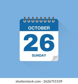 Day calendar with date October 26. Calendar icon vector. Event calendar reminder, business meeting schedule date sign, appointment date symbol, page calendar agenda planner sign, deadline template.