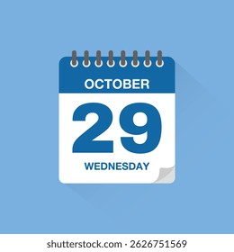 Day calendar with date October 29. Calendar icon vector. Event calendar reminder, business meeting schedule date sign, appointment date symbol, page calendar agenda planner sign, deadline template.