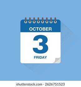 Day calendar with date October 3. Calendar icon vector. Event calendar reminder, business meeting schedule date sign, appointment date symbol, page calendar agenda planner sign, deadline template.