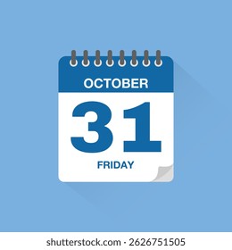 Day calendar with date October 31. Calendar icon vector. Event calendar reminder, business meeting schedule date sign, appointment date symbol, page calendar agenda planner sign, deadline template.