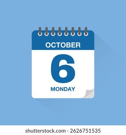 Day calendar with date October 6. Calendar icon vector. Event calendar reminder, business meeting schedule date sign, appointment date symbol, page calendar agenda planner sign, deadline template.
