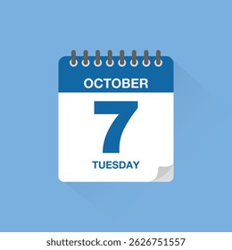 Day calendar with date October 7. Calendar icon vector. Event calendar reminder, business meeting schedule date sign, appointment date symbol, page calendar agenda planner sign, deadline template.