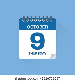 Day calendar with date October 9. Calendar icon vector. Event calendar reminder, business meeting schedule date sign, appointment date symbol, page calendar agenda planner sign, deadline template.