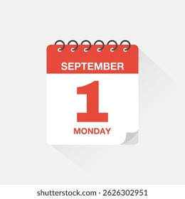 Day calendar with date September 1. Calendar icon vector. Event calendar reminder, business meeting schedule date sign, appointment date symbol, page calendar agenda planner sign, deadline template.