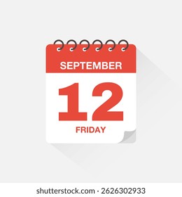 Day calendar with date September 12. Calendar icon vector. Event calendar reminder, business meeting schedule date sign, appointment date symbol, page calendar agenda planner sign, deadline template.