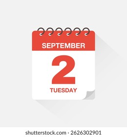 Day calendar with date September 2. Calendar icon vector. Event calendar reminder, business meeting schedule date sign, appointment date symbol, page calendar agenda planner sign, deadline template.