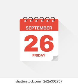 Day calendar with date September 26. Calendar icon vector. Event calendar reminder, business meeting schedule date sign, appointment date symbol, page calendar agenda planner sign, deadline template.