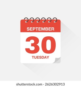 Day calendar with date September 30. Calendar icon vector. Event calendar reminder, business meeting schedule date sign, appointment date symbol, page calendar agenda planner sign, deadline template.
