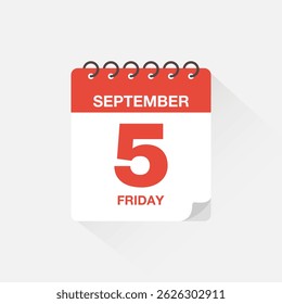 Day calendar with date September 5. Calendar icon vector. Event calendar reminder, business meeting schedule date sign, appointment date symbol, page calendar agenda planner sign, deadline template.