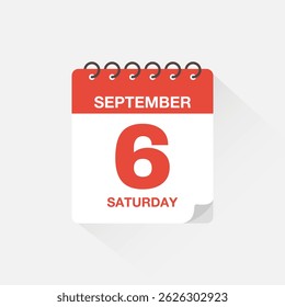 Day calendar with date September 6. Calendar icon vector. Event calendar reminder, business meeting schedule date sign, appointment date symbol, page calendar agenda planner sign, deadline template.