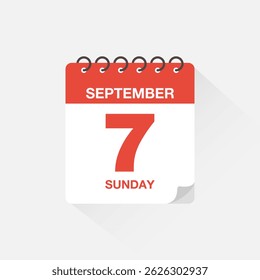 Day calendar with date September 7. Calendar icon vector. Event calendar reminder, business meeting schedule date sign, appointment date symbol, page calendar agenda planner sign, deadline template.