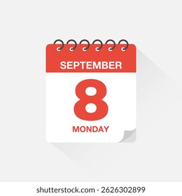 Day calendar with date September 8. Calendar icon vector. Event calendar reminder, business meeting schedule date sign, appointment date symbol, page calendar agenda planner sign, deadline template.
