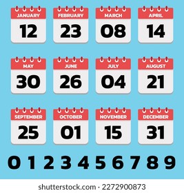 Day calendar with each month date. Table calendar flat vector isolated illustration