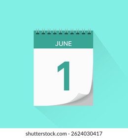 Day calendar icon with date 1 June. Business schedule sign, event calendar reminder, meeting appointment date symbol, page calendar agenda planner, calendar deadline template, vector illustration.