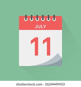 Day calendar icon with date 11 July vector. Event calendar reminder, business meeting schedule sign, appointment date symbol, page calendar agenda planner, calendar deadline template illustration.