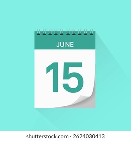 Day calendar icon with date 15 June. Business schedule sign, event calendar reminder, meeting appointment date symbol, page calendar agenda planner, calendar deadline template, vector illustration.