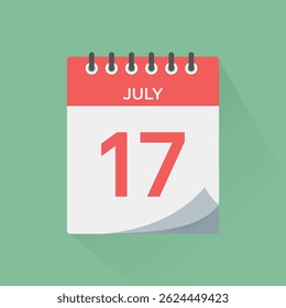 Day calendar icon with date 17 July vector. Event calendar reminder, business meeting schedule sign, appointment date symbol, page calendar agenda planner, calendar deadline template illustration.