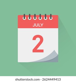 Day calendar icon with date 2 July vector. Event calendar reminder, business meeting schedule sign, appointment date symbol, page calendar agenda planner, calendar deadline template illustration.