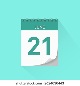 Day calendar icon with date 21 June. Business schedule sign, event calendar reminder, meeting appointment date symbol, page calendar agenda planner, calendar deadline template, vector illustration.