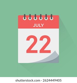 Day calendar icon with date 22 July vector. Event calendar reminder, business meeting schedule sign, appointment date symbol, page calendar agenda planner, calendar deadline template illustration.