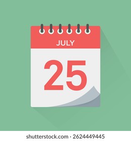 Day calendar icon with date 25 July vector. Event calendar reminder, business meeting schedule sign, appointment date symbol, page calendar agenda planner, calendar deadline template illustration.
