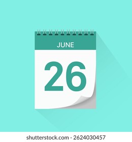 Day calendar icon with date 26 June. Business schedule sign, event calendar reminder, meeting appointment date symbol, page calendar agenda planner, calendar deadline template, vector illustration.