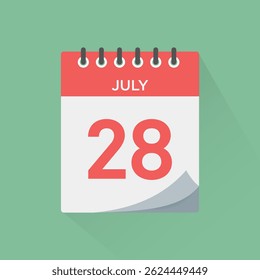 Day calendar icon with date 28 July vector. Event calendar reminder, business meeting schedule sign, appointment date symbol, page calendar agenda planner, calendar deadline template illustration.
