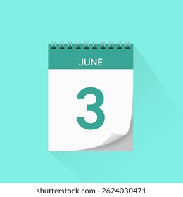 Day calendar icon with date 3 June. Business schedule sign, event calendar reminder, meeting appointment date symbol, page calendar agenda planner, calendar deadline template, vector illustration.