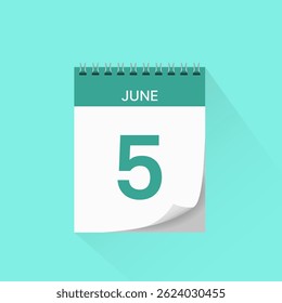Day calendar icon with date 5 June. Business schedule sign, event calendar reminder, meeting appointment date symbol, page calendar agenda planner, calendar deadline template, vector illustration.