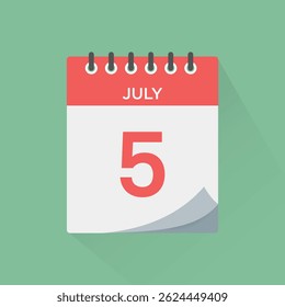 Day calendar icon with date 5 July vector. Event calendar reminder, business meeting schedule sign, appointment date symbol, page calendar agenda planner, calendar deadline template illustration.