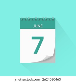 Day calendar icon with date 7 June. Business schedule sign, event calendar reminder, meeting appointment date symbol, page calendar agenda planner, calendar deadline template, vector illustration.