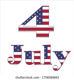 the day of the calendar is July 4 on a white background. each letter is inscribed with the us flag