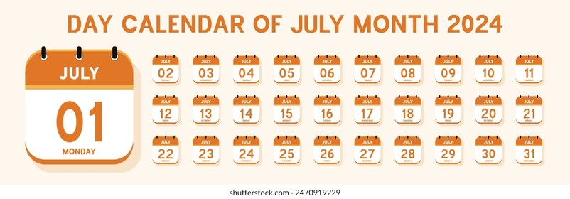 Day calendar of july month 2024. Vector flat daily calendar icon. Date, day and month.