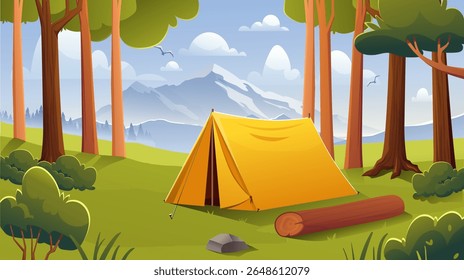 Day camp landscape. Yellow tent in forest. Shelter near trees and bushes. Hiking and camping, trekking. Travel and journey. Beautiful natural panorama. Cartoon vector illustration