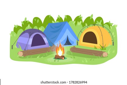 Day camp semi flat vector illustration. Opposing tents near bonfire. Camping outdoors during daytime. Summer recreation in forest. Campground 2D cartoon landscape for commercial use