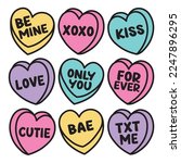 Valentine’s Day Candy Hearts Vector Illustration. Colorful candy hearts with words including Be Mine, XOXO, Kiss, Love, Only You, Forever, Cutie, BAE, TXT Me.