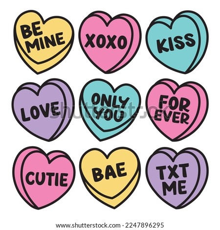 Valentine’s Day Candy Hearts Vector Illustration. Colorful candy hearts with words including Be Mine, XOXO, Kiss, Love, Only You, Forever, Cutie, BAE, TXT Me.