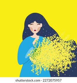 Women’s Day card, 8 of March banner. Happy girl holding a bouquet of yellow mimosa flowers in her hands. Vector illustration