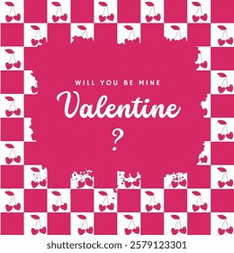 Valentine’s day card with cherry pattern background. Will you be my valentine note proposal. Question mark. Vector illustration.