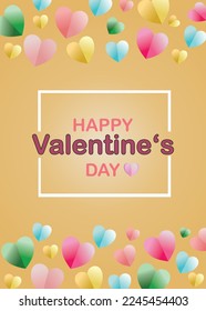 Valentine’s Day card cover or banner as a vector and green, pink, red, yellow or gold hearts on yellow gold background 