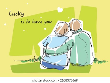 Valentine‘s Day card design  Line art drawing  back view couple sitting together  Vector illustration in contemporary abstract style