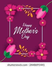 Mother’s Day Card design with pink floral frame on purple background