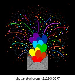 Valentine’s day card with an envelope bursting with love on a black background	