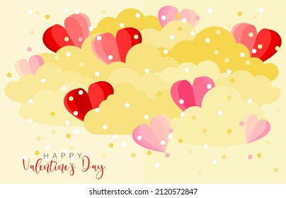 Valentine’s day card with floating yellow clouds amongst pink and red hearts 