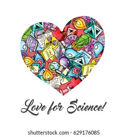 Valentine’s Day Card Heart Filled with Science Illustration with Molecules and Bacteria and other Icons Vector Art Design